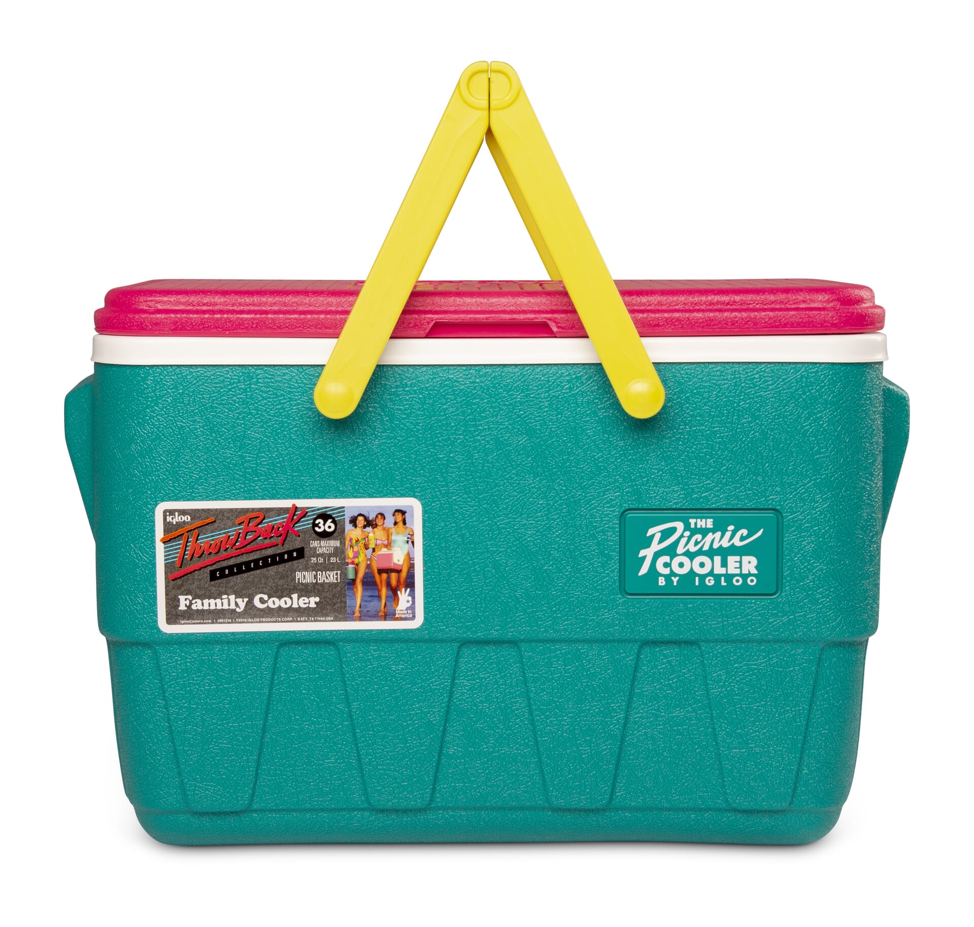 IGLOO-Retro Jade 25 Qt Lunch Picnic Basket Cooler - Dark Jade /Bold Magenta /Livewire Yellow - DISC
