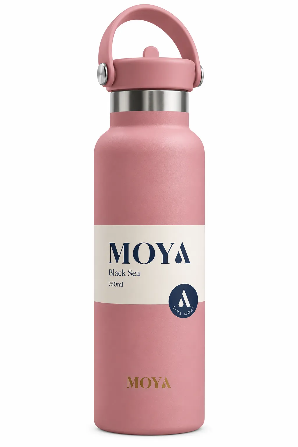 Moya - "Black Sea" 700ml Insulated Sustainable Water Bottle Dusty Rose Spout Lid